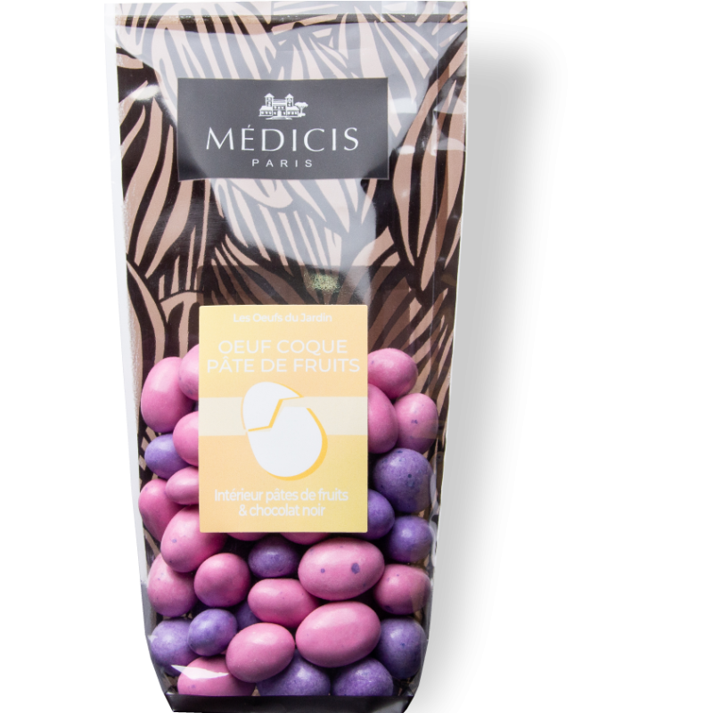 Oeuf coque pâtes de fruits assorties, enrobé de chocolat noir. - Médicis Paris - Chocolats fabriqués en France