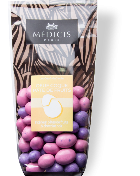 Oeuf coque pâtes de fruits assorties, enrobé de chocolat noir. - Médicis Paris - Chocolats fabriqués en France