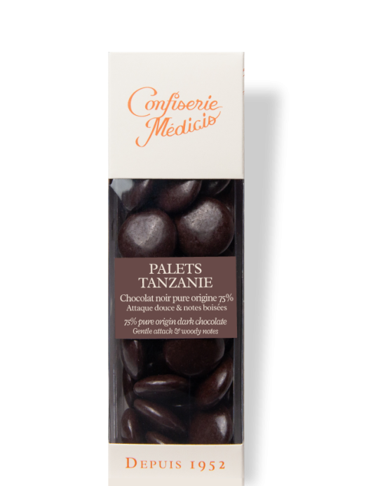 Etui Palets Noir Tanzanie 75% 140g - Médicis Paris - Chocolats fabriqués en France